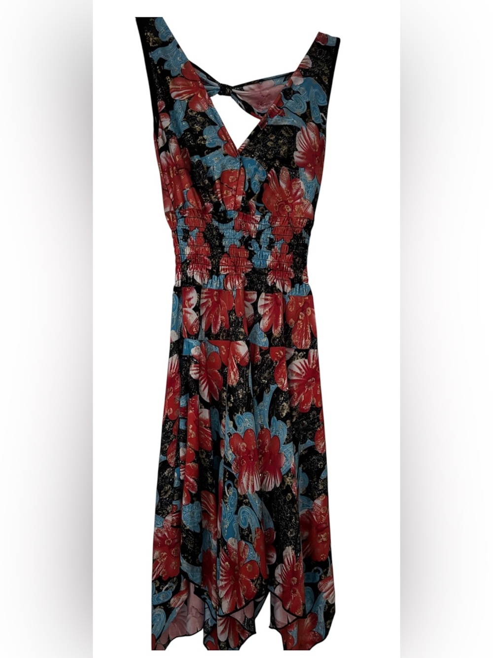 Floral V-Neck Midi Dress in Black, Red & Blue&Gold
